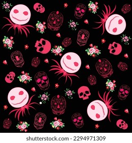 flat vector design, skull and flower pattern illustration