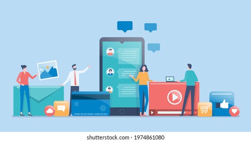 flat vector design social media marketing strategy concept with developer team working concept