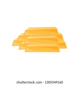 Flat vector design of stacked gold bars. Shiny golden ingots. Pirate treasure. Banking and financial theme