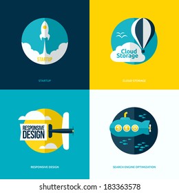 Flat vector design of the startup process, cloud storage, responsive web design and SEO with rocket, hot air balloon, plane and submarine