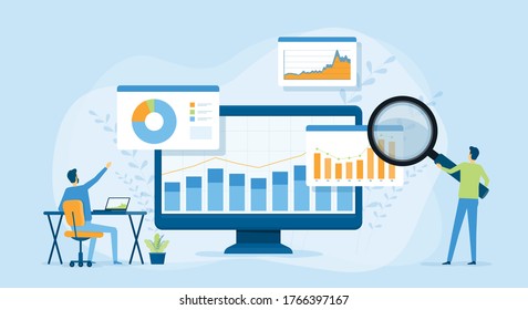Flat vector design statistical and Data analysis for business finance investment concept with business people team working on monitor graph dashboard 