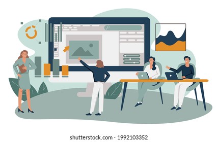 Flat vector design statistical and Data analysis for business finance investment concept with business people team working on monitor graph dashboard