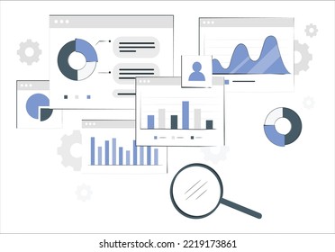 Flat vector design statistical and Data analysis for business finance investment concept with business people team working on monitor graph dashboard