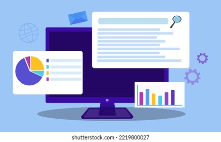 Flat vector design statistical and data analysis for business finance investment concept with computer monitor on blue background.