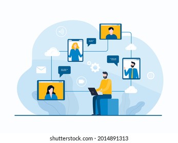 flat vector design technology remote working concept and business people working at home workplace concept