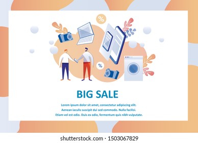 Flat Vector Design Template for Big Sale Page in Storefront Electronics and Household Appliances Shop. Salesman Serving Customer, Interested in Pad, Washing Machine, Camera or Laptop in Sale.