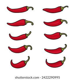 Flat Vector Design Template of Whole Fresh Hot Chili Pepper Icon Set Closeup Isolated. Spicy Chili Pepper in Front View. Vector Chili Pepper Illustration for Culinary, Cooking, and Spicy Food Concept