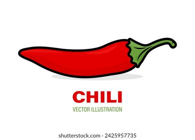 Flat Vector Design Template of Whole Fresh Hot Chili Pepper Closeup Isolated. Spicy Chili Pepper in Front View. Vector Chili Pepper Illustration for Culinary, Cooking, and Spicy Food Concept