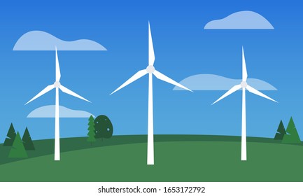 Flat vector design of three white wind turbines sitting on a field of green grass with abstract trees in the background. There are four fades white clouds in the blue sky.