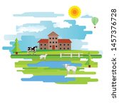Flat vector design of town with houses on a meadow. Summer rural landscape.
