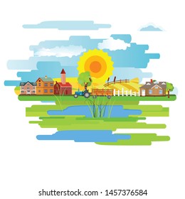 Flat vector design of town with houses on a meadow. Summer rural landscape.