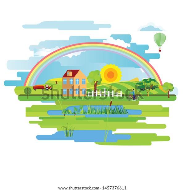 Flat vector design of town with houses\
on a meadow, rainbow. Summer rural\
landscape.