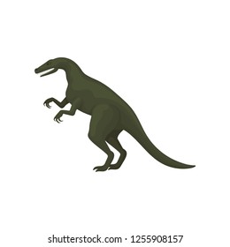 Flat vector design of troodon or velociraptor. Green dinosaur short fore paws, long tail and sharp teeth. Prehistoric animal