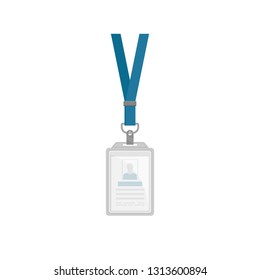 Flat vector design of vertical plastic holder with ID card Template of identification badge with blue neck strap