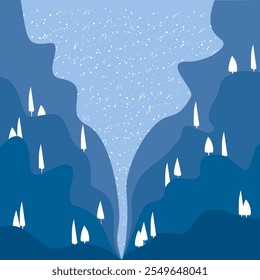 flat vector design, view of fir trees in mountains in winter, christmas theme
