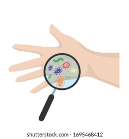 Flat vector design of virus on human hand. Man Looking through a magnifying glass for bacteria and virus cells on human hand under a magnifying glass, looking for coronavirus.