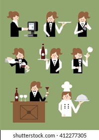 Flat vector design of waitresses serving coffee and food in a restaurant and cafe