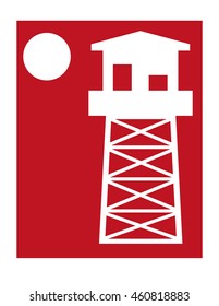 Flat vector design of a watchtower or guard post and the circle of a moon or sun in white on a red background