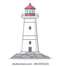 A flat vector design of a white lighthouse with a red roof standing on rocky ground isolated on a white background