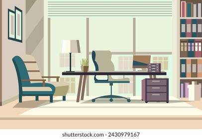 Diseño vectorial plano del paisaje del lugar de trabajo en la oficina con muebles modernos