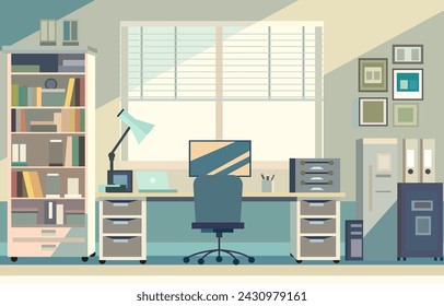 Flat Vector Design of Workspace Landscape with Bookshelf in the Office