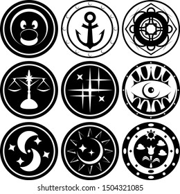 Flat vector desings of coins or icons in  black