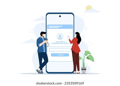 Flat vector developer team setup for user login app with mobile concept, online login form, login page. User profile, access to account concept. Flat vector illustration on a white background.