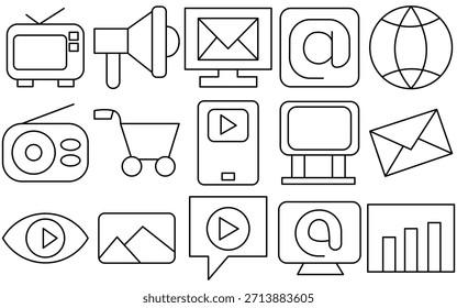 Vector plano Iconos de marketing digital Contenido, Sitio web, redes sociales y ventas, ilustración aislada