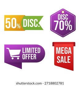 Insignias de descuento y venta de Vector plano para uso promocional y de comercio electrónico.