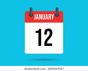 O vetor plano exibe um ícone de calendário vermelho e branco com a data de 12 de janeiro isolada em um plano de fundo azul ciano brilhante.