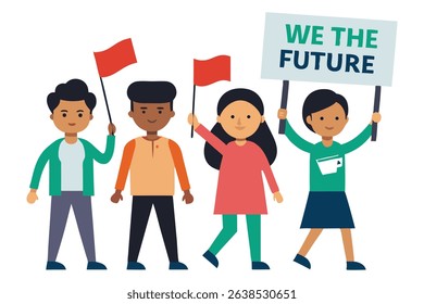 Flat vector of diverse boys and girls marching in city with protest banners reading "We Are the Future" and "International Youth Day" on white background. Urban activism and youth power concept.
