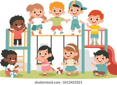 Flat vector of diverse children joyfully playing at a playground with slides, swings, and balls. Happy childhood, fun, and outdoor friendship