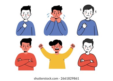 Vector plano de un grupo diverso de personas que expresan diferentes emociones