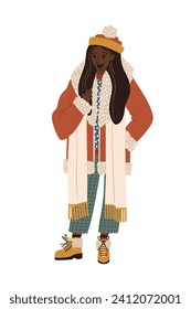 flat vector diverse winter fashion woman illustration stylish female cartoon character diversity indian african american black girl illustration puffer jacket coat hat scarf winter fashion clipart