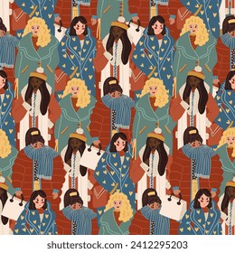 flat vector diverse winter fashion women seamless pattern female cartoon characters diversity african american caucasian black girls repeating background puffer jacket coat scarf winter fashion tile