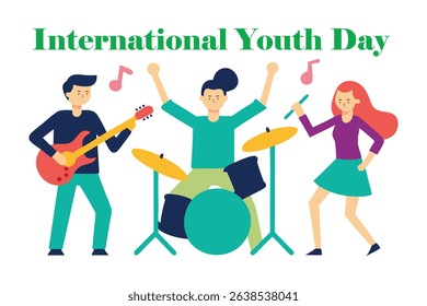 Flat vector of diverse youth playing guitar, drums, and singing with energy and unity. Celebration of music, passion, and togetherness. "International Youth Day" text on white background.