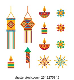 Flat vector diwali clipart collection. Lenterns, diyas, oil lamp, flowers, fireworks, candle.