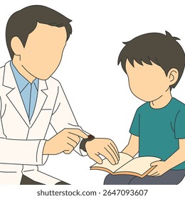 Médico vetor plano verificando um pulso de criança com um relógio enquanto a criança senta-se calmamente olhando para o livro. Profissional de saúde examinando um menino. Pediatra que monitora o estado de saúde do jovem.