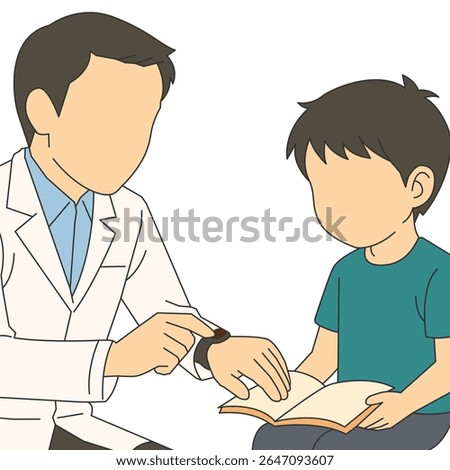 Flat vector doctor checking a child pulse with a watch while the child sits quietly looking at book. Healthcare professional examining a boy. Pediatrician monitoring young man health condition.
