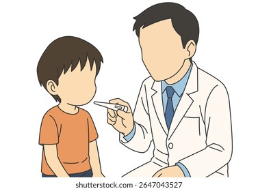Flat vector doctor checking a little boy’s temperature with a digital thermometer in clinic. Pediatrician monitoring child degree. Professional checking little patient fever use digital device.