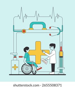 Vector plano de médico consultando paciente en silla de ruedas dentro del botiquín de primeros auxilios con herramientas médicas, desinfectante, jeringuilla y símbolo de cruz de salud. Ilustración de atención médica moderna.