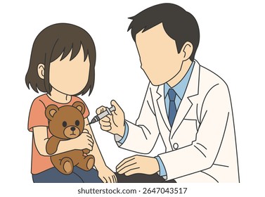Médica de vetor plano gentilmente dando uma vacina a uma menina enquanto ela segura seu ursinho firmemente. Pediatra injetando vacina em menina. Médico que imuniza uma criança.
