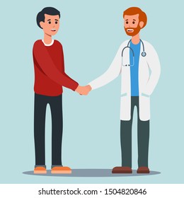 Flat vector doctor and patient shake hands. Medical illustration. Isolated on blue background