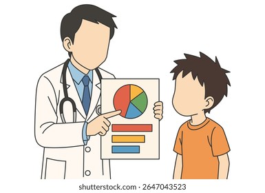 Flat vector doctor showing a colorful chart to curious boy during a health education campaign at school. Doctor presenting vibrant chart to inquisitive boy. Explaining colorful diagram to student.