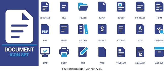 Conjunto de ícones de documento de vetor simples, incluindo arquivo, pasta, relatório, fatura, contrato, PDF, aprovação e arquivamento. Ideal para escritório, administração e uso digital.