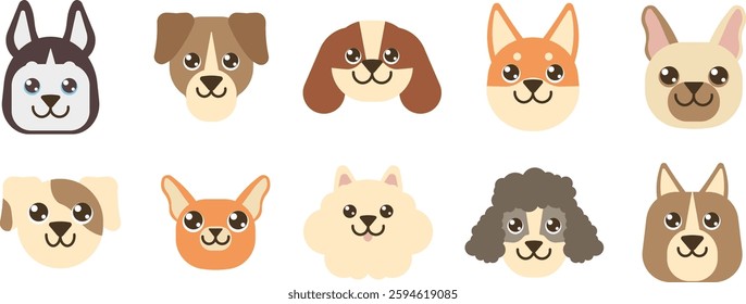 Flat vector dog faces icons set featuring various breeds in a cute style.