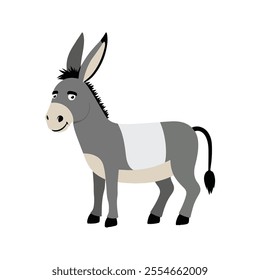 Flat Vector Donkey Illustration, Cartoon Design with Grayish Body and White Belly Patch, Minimalist Style