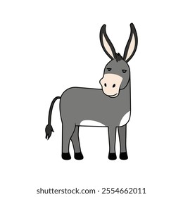 Flat Vector Donkey Illustration, Cartoon Design with Grayish Body and White Belly Patch, Minimalist Style