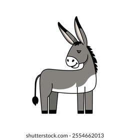 Flat Vector Donkey Illustration, Cartoon Design with Grayish Body and White Belly Patch, Minimalist Style