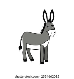 Flat Vector Donkey Illustration, Cartoon Design with Grayish Body and White Belly Patch, Minimalist Style